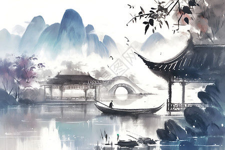 中国水墨素材和谐世界的水墨插画插画