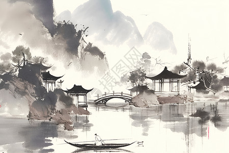 中国水墨素材山水飘渺水墨插画插画