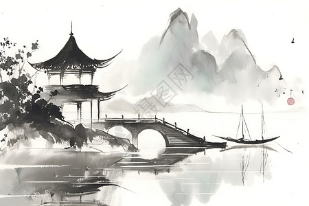 金鸡湖畔湖畔的亭台插画