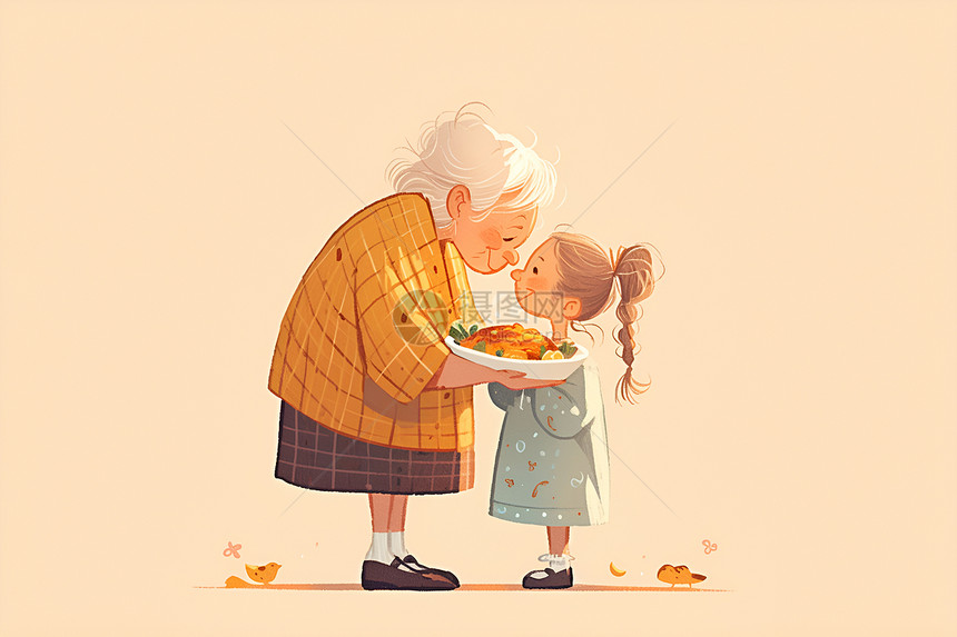 老太太递给小女孩食物图片