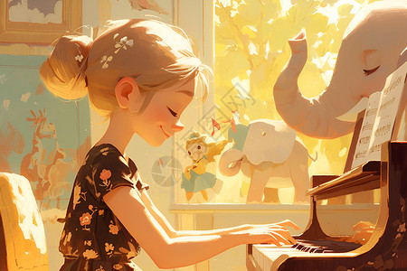海边钢琴弹钢琴的女孩插画