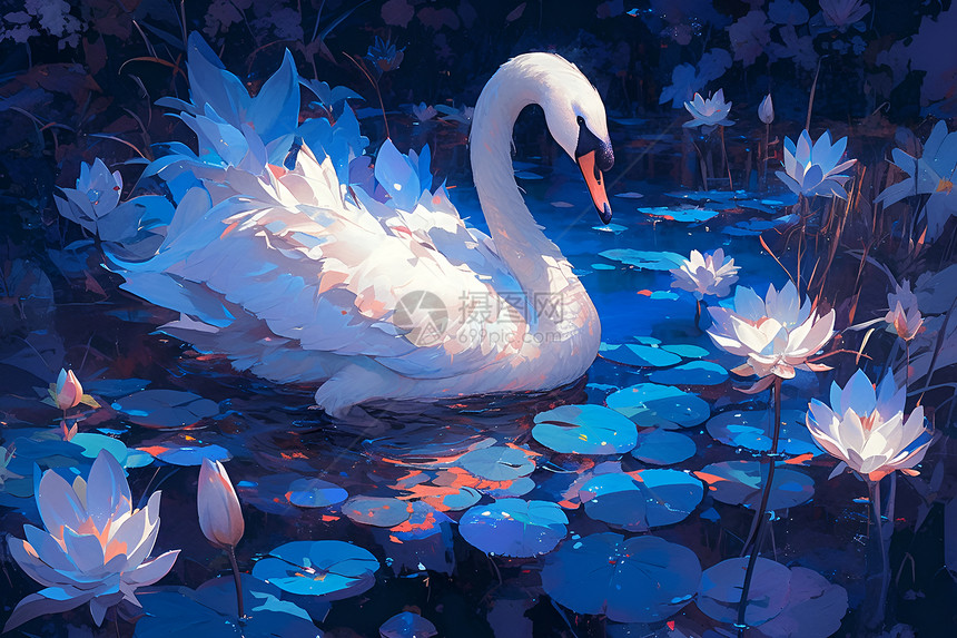 白天鹅在池塘中图片