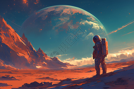 科幻人宇航员站在外星表面插画