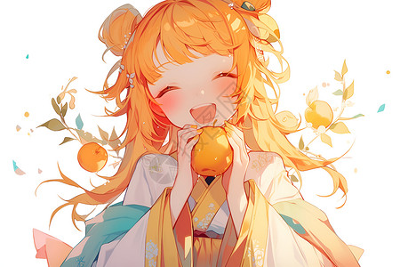 上吃水果橙色头发的女孩在吃橙子插画