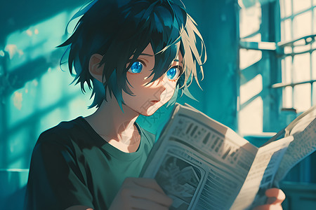 黑发蓝眼的角色阅读一份报纸高清图片