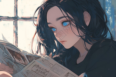 女性看报纸阅读着的黑发蓝眼女子插画