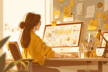 女性办公桌工作中的女性插画