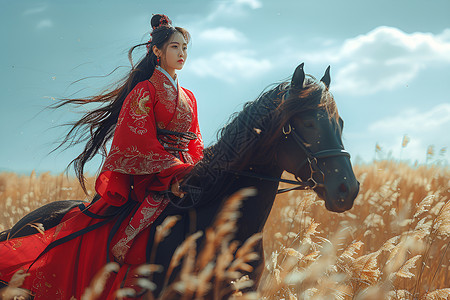 骑马的红衣少女背景图片