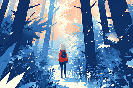 冬天打伞女孩的背影冬季森林中的少女背影插画