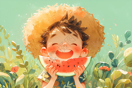 田园里吃西瓜的少年高清图片