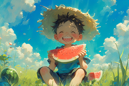 可爱西瓜杯夏日草地上的男孩插画