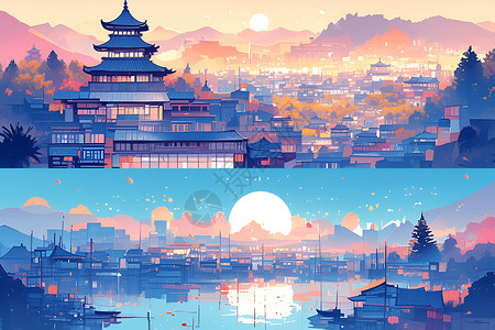 古城建筑夕阳下的中国古城景观插画