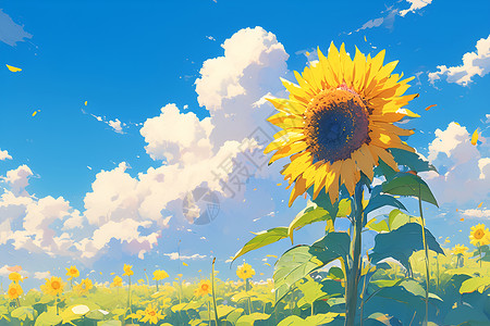 装饰植物圈太阳花绽放在蓝天白云下插画