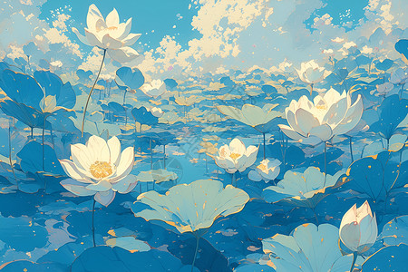 漂浮绿叶水莲盛放于池塘插画
