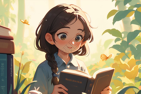 女孩在花园里看书插画