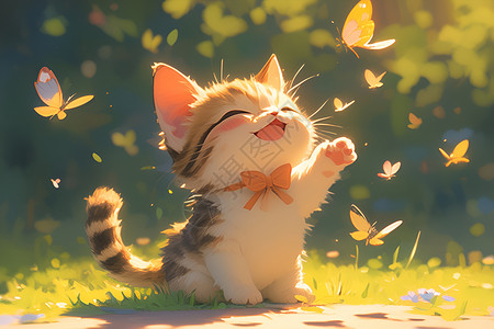 小猫与鸭子阳光下的猫咪与蝴蝶插画