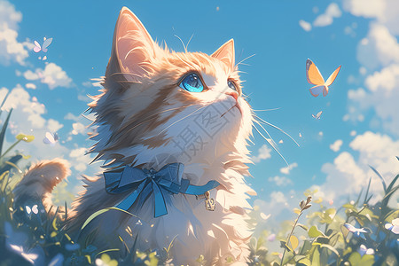 鲜花与蝴蝶草原上的猫咪与蝴蝶插画