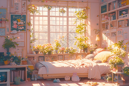粉色可爱背景可爱的卧室插画
