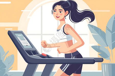 环湖跑步女孩在跑步机上跑步插画