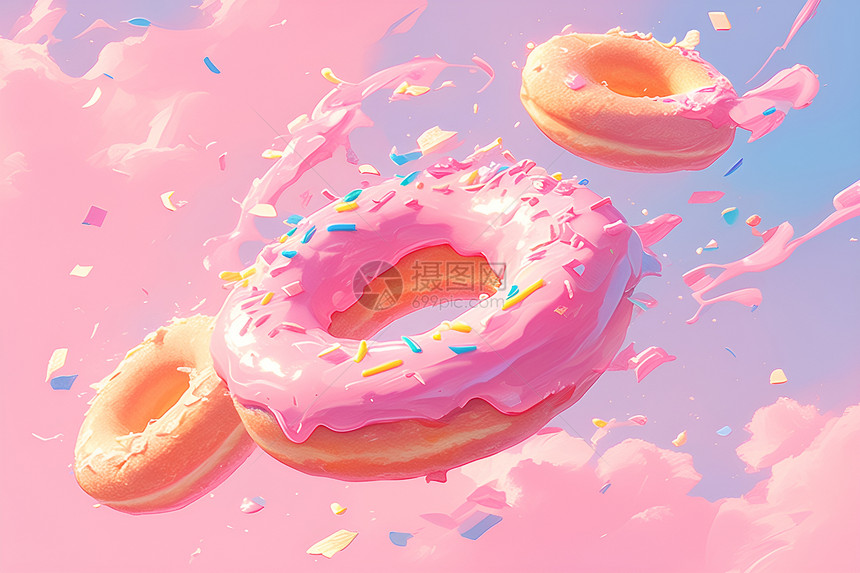 柔和粉色背景下悬浮着三个粉色甜甜圈图片