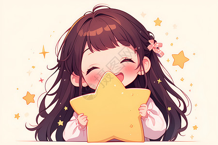 黄色台卡小女孩抱着一个巨大的黄色星星插画