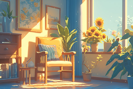 阳台家居简洁房间阳台上的向日葵插画