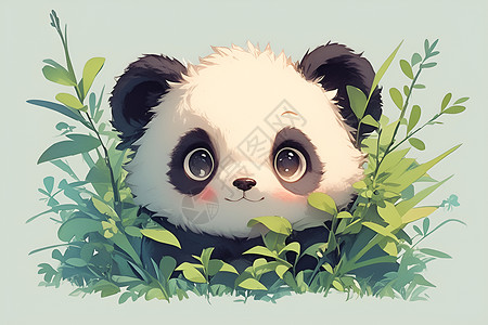 大型树叶可爱熊猫在草地上玩耍插画