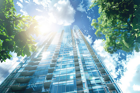 大楼蓝天建筑旁的大树插画