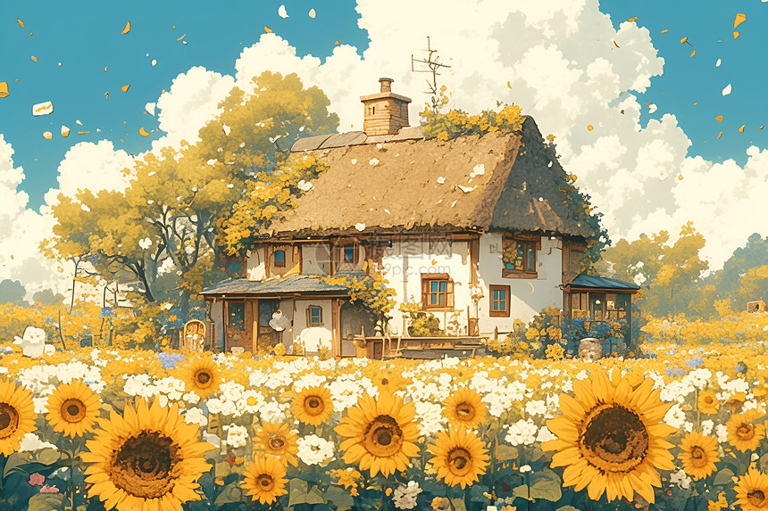 太阳花田里的温馨小屋图片