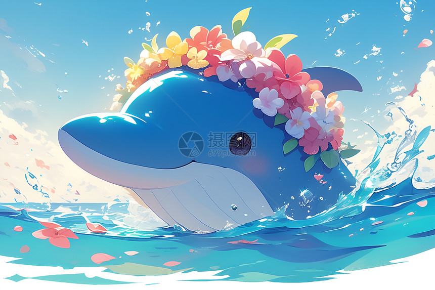 欢快海洋中的花冠蓝鲸图片