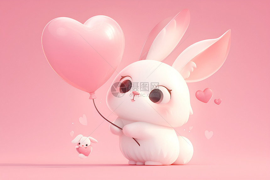 可爱的卡通兔子拿着粉色气球图片