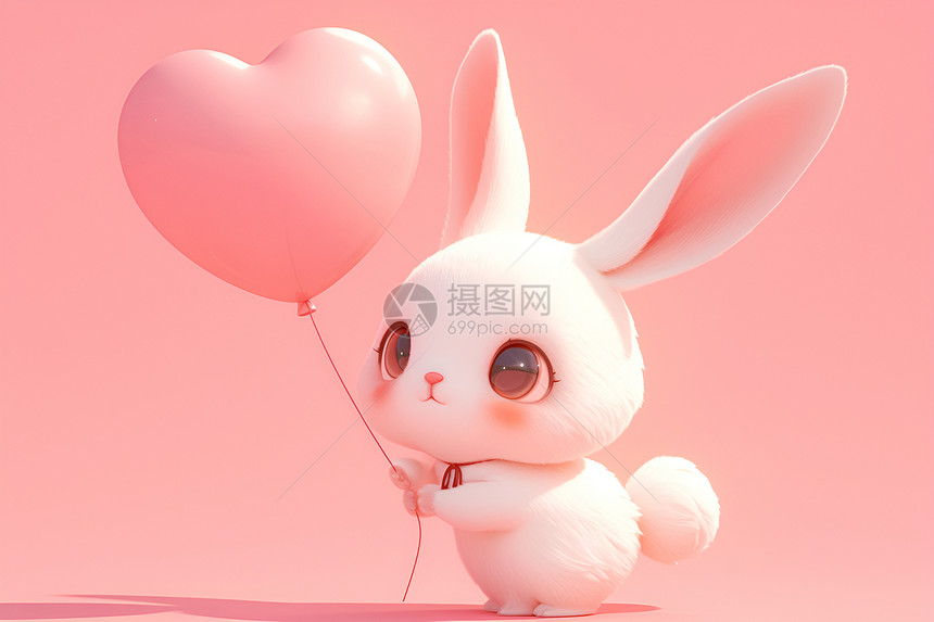 可爱兔子与粉色心形气球图片