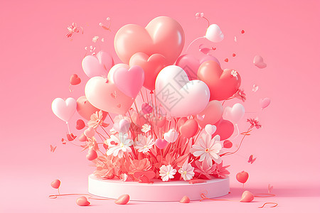 粉色爱心线条浪漫心形气球漂浮插画