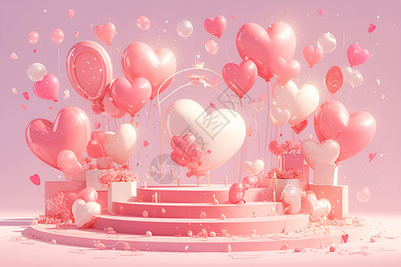 淡粉色爱心多彩气球的浪漫舞台插画