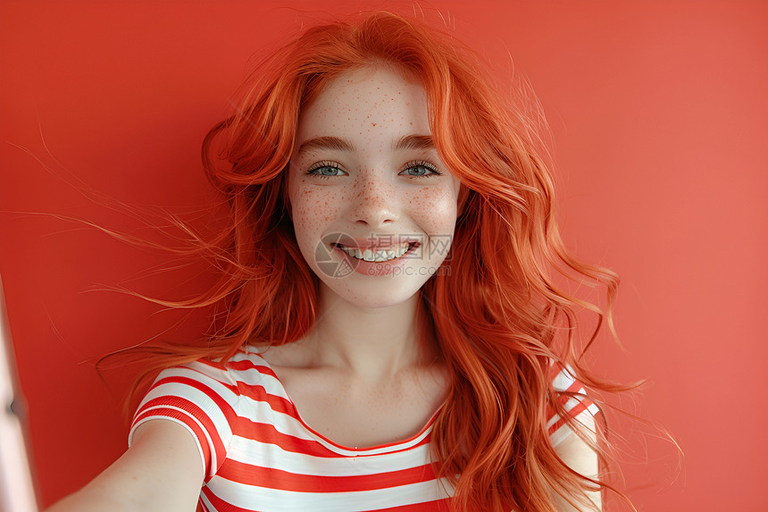 红发女子微笑着自拍图片