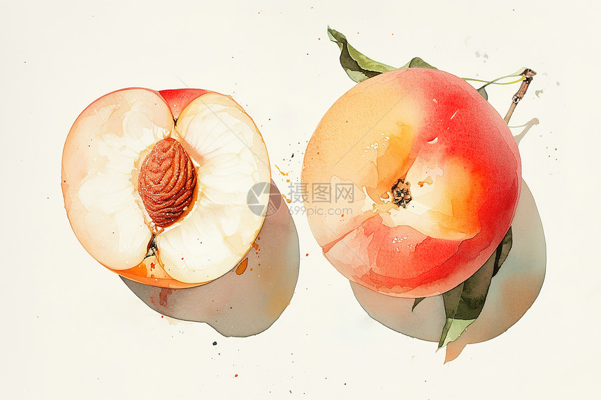 新鲜的桃子水彩画图片