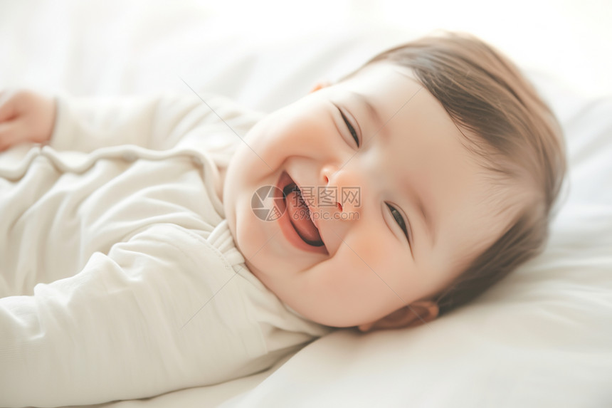 床上微笑的婴儿图片