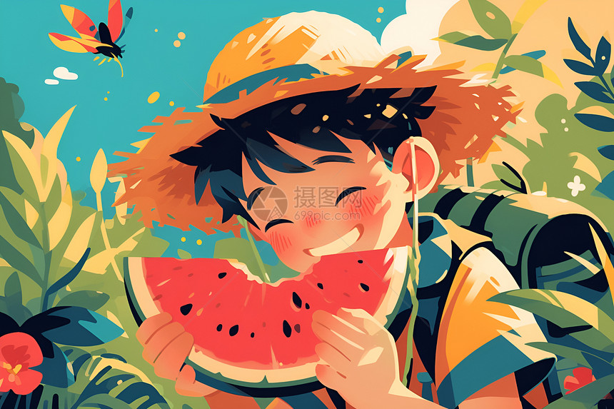 夏日吃西瓜的男孩图片