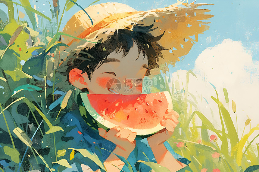 夏天吃西瓜的男孩图片
