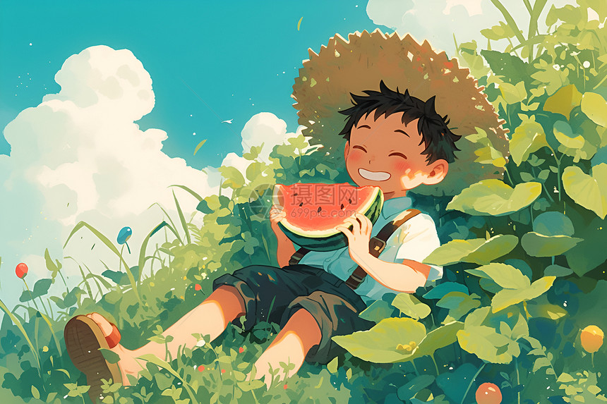 躺在草地上吃西瓜的男孩图片
