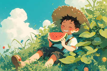 猛然躺下躺在草地上吃西瓜的男孩插画