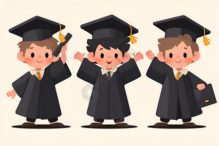 毕业季毕业快乐三个卡通形象的男孩穿着毕业服插画