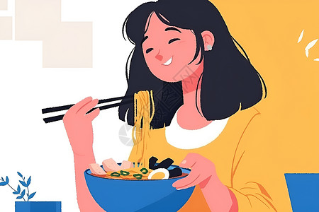 筷子夹面条享受美食的女孩插画