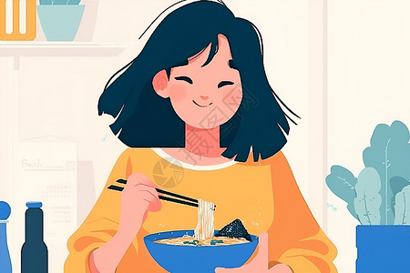 筷子汤勺女子在享受美食插画