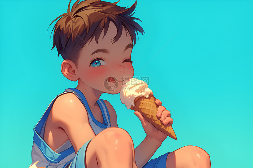 快乐的小男孩吃冰淇淋图片