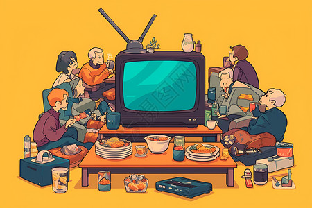 复古电视素材家庭聚会场景插画