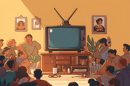 电视家居怀旧的家庭聚合插画