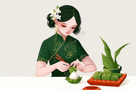 端着粽子女人吃粽子的女士插画