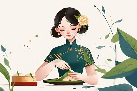 端着粽子女人端午节吃粽子插画