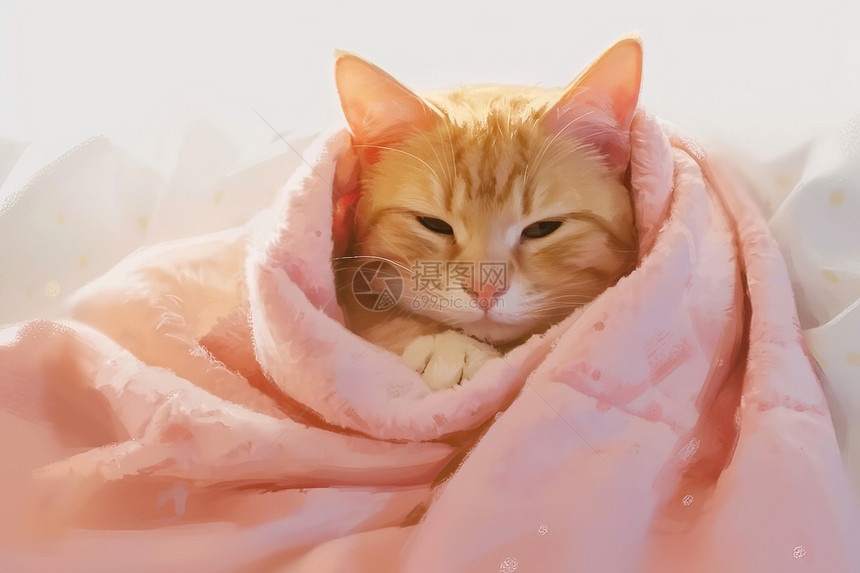 猫咪裹在毯子里图片